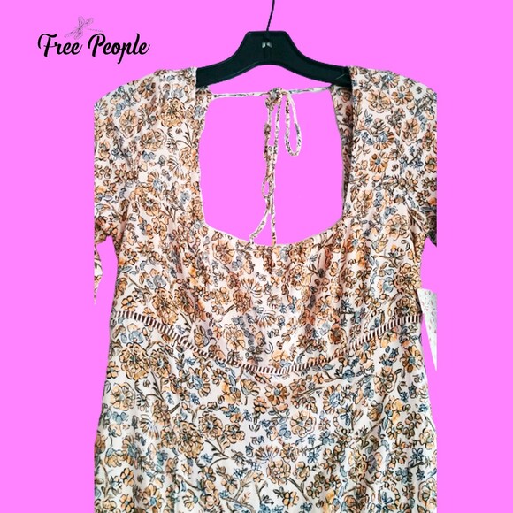 Free People NEW BOHEME Floral Lattice Trim Back Tie Dress 6 - Picture 7 of 12